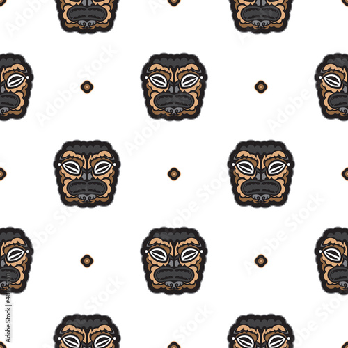 Seamless pattern with the face of the Polynesian tribesmen. Good for prints, backgrounds, postcards, wrapping paper, and textiles. Vector