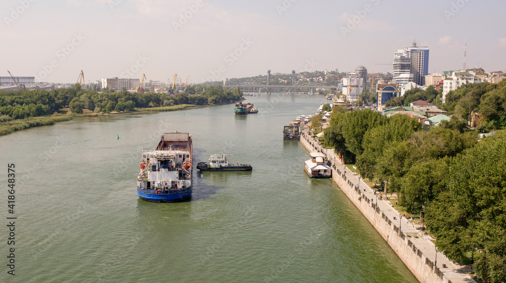 Swimming cargo ships on the river in Rostov-on-Don