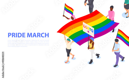 Pride march banner. A group of walking people with LGBTQ flags and posters in their hands. Defending rights and freedoms.