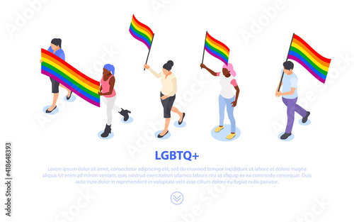 Group of people holding lgbtq flags isolated on white background. Defending rights and freedoms.