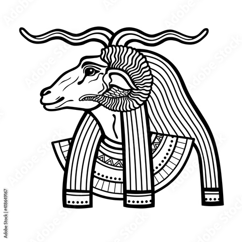 Animation portrait Ancient Egyptian god Khnum. Deity of Nile source, god with ram. Profile view. Vector illustration isolated on a white background. Print, poster, t-shirt, tattoo.