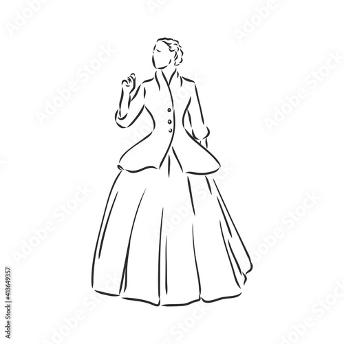 Antique dressed lady. Old fashion vector illustration. Victorian woman in historical dress. Vintage stylized drawing  retro woodcut style