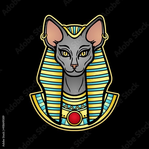 Animation color portrait Ancient Egyptian goddess Bastet (Bast).with cat head.  Vector illustration isolated on a white background. Print, poster, tatoo.