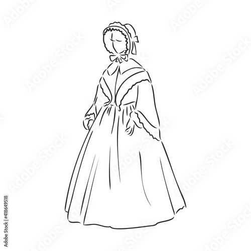 Antique dressed lady. Old fashion vector illustration. Victorian woman in historical dress. Vintage stylized drawing, retro woodcut style