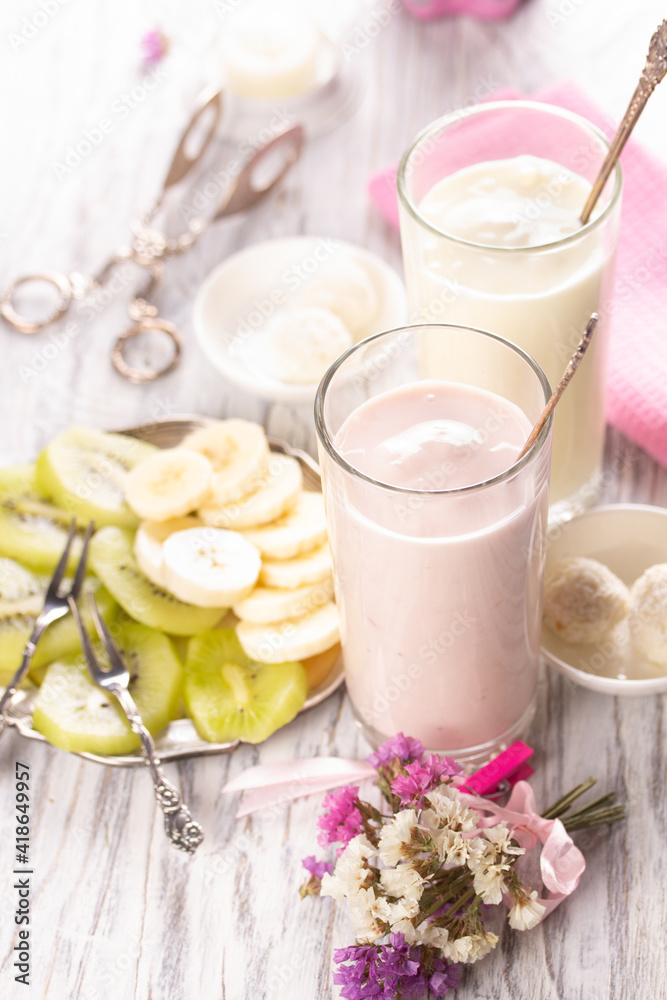 Fruity oghurt smoothie and fresh fruit for breakfast Fruity oghurt smoothie and fresh fruit for breakfast