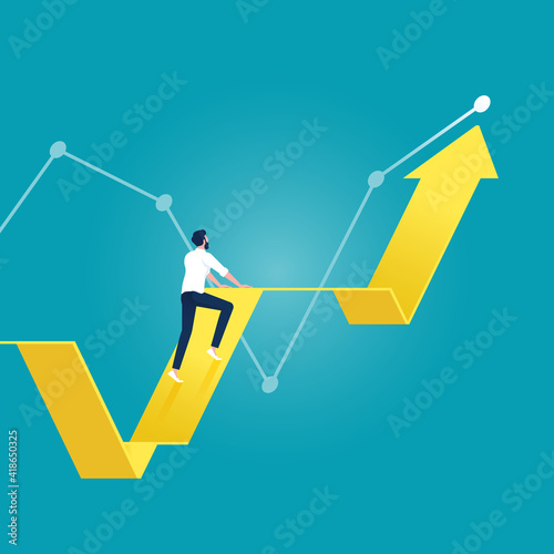 Stock market growth concept with upward arrow for profits, Businessman climbing up growth arrow graph, Symbol of exchange success