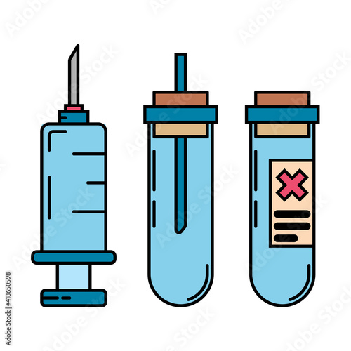 Color medical pharmaceutica set icon flask ampoule syringe. Professional equipment symbol. Science, pharmacy, medic, chemistry background emblem element. Laboratory glass. Vector outline illustration photo