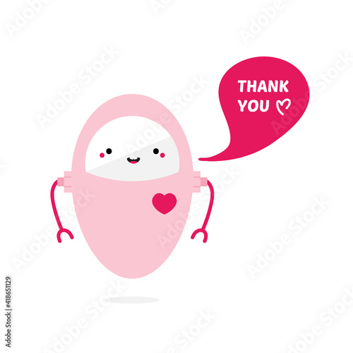 Cute lovely cartoon pink robot with heart symbol character, toy saying thank you, showing appreciation. Vector icon, illustration.
