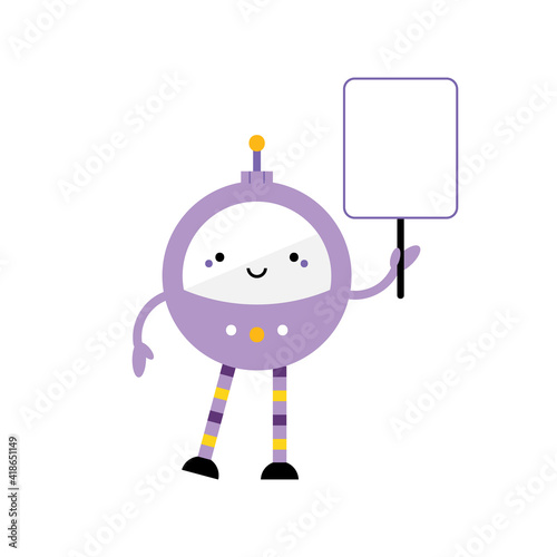 Cute cartoon style purple robot character, toy with long legs and buttons holding empty, blank sign, banner in hand. Vector icon, illustration.