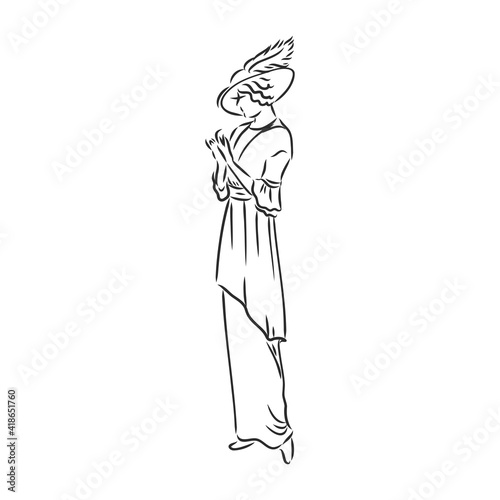 Antique dressed lady. Old fashion vector illustration. Victorian woman in historical dress. Vintage stylized drawing, retro woodcut style
