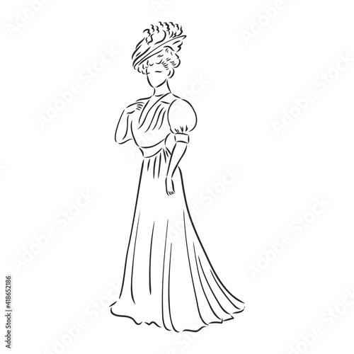 Antique dressed lady. Old fashion vector illustration. Victorian woman in historical dress. Vintage stylized drawing, retro woodcut style