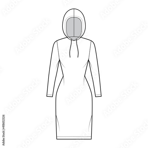 Hoody dress technical fashion illustration with long sleeves, knee length, fitted body, Pencil fullness. Flat apparel sweater template front, white color style. Women, men, unisex CAD mockup