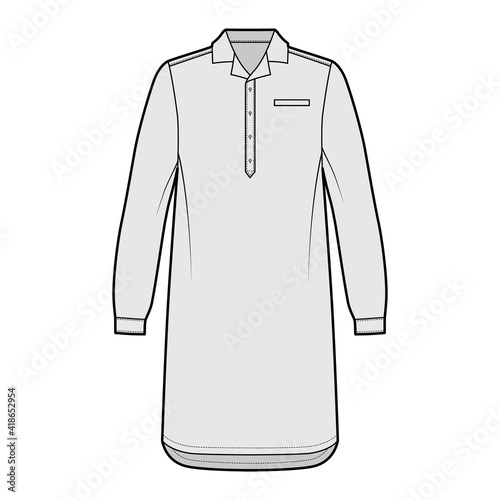 Nightshirt dress Sleepwear Pajama technical fashion illustration with knee length, classic henley collar, cuff long sleeves. Flat apparel front, grey color style. Women, men unisex CAD mockup