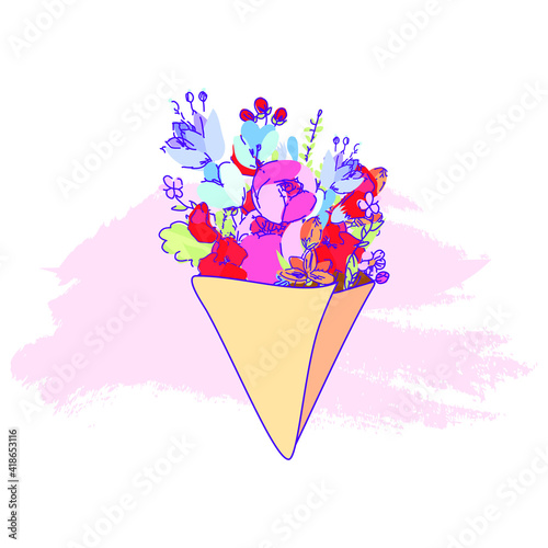 Delicate bouquet of spring bright flowers in a craft wrapper.Spring concept. Modern vector hand drawn illustration isolated on white. For Gift Card, stickers, postcard, fabric, t-shirt, gifts, posters