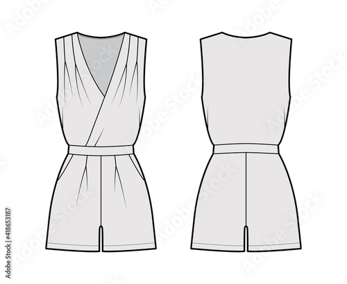Playsuit romper overall jumpsuit technical fashion illustration with mini length, normal waist, high rise, pockets, single pleat. Flat front back, grey color style. Women, men unisex CAD mockup