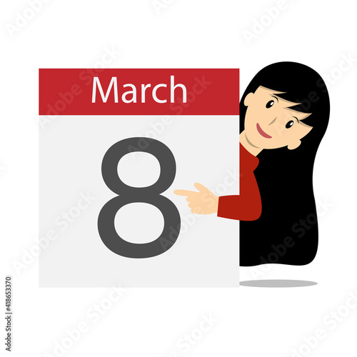 women behind calendar and pointing to number eight of March vector. Happy women's day concept
