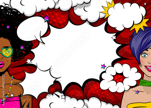 Two black and white woman pop art wow face. Halftone vector radial background. With speech bubbles. Colored funny cloud for text.