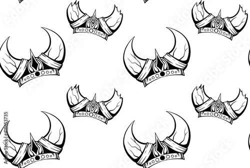 Seamless pattern with the contours of the sketch of the horned viking helmets. Texture with the ammunition of the ancient warriors of the defenders. Military monochrome wallpaper.