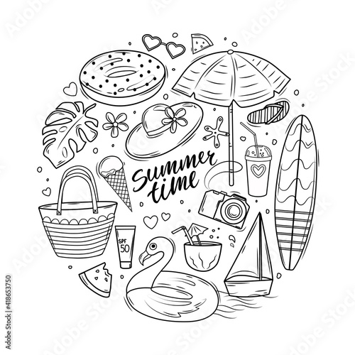 Summer doodle set with lettering, surfboard, sun umbrella, inflatable circle and beach bag. Coloring book. Vector illustration.