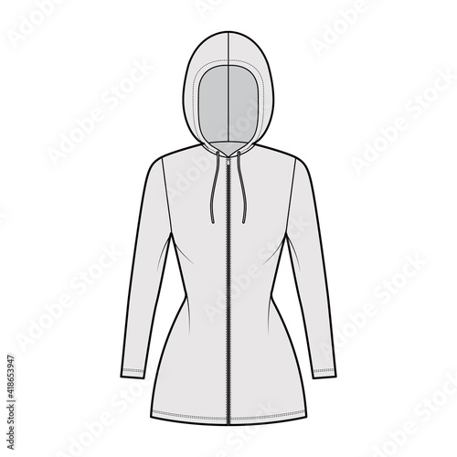 Zip-up Hoody dress technical fashion illustration with long sleeves, mini length, fitted body, Pencil fullness. Flat apparel template front, grey color style. Women, men, unisex CAD mockup