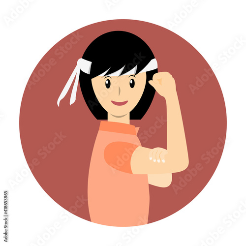 Woman with headband flexing her arm muscle logo vector. Happy women's day and Happy mother's day concept.