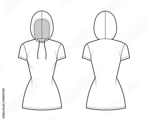 Hoody dress technical fashion illustration with short sleeves, mini length, fitted body, Pencil fullness. Flat sweater apparel template front, back, white color style. Women, men, unisex CAD mockup