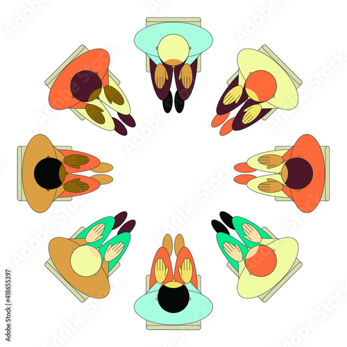 Vector graphics-schematic top view of six people of different ethnic groups sitting on chairs in a circle isolated. Concept-psychotherapy and mental health