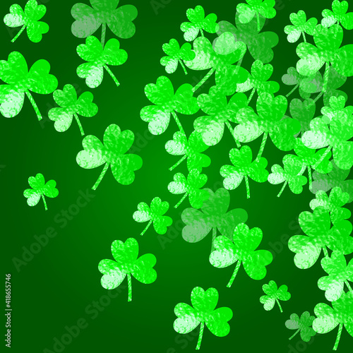 Shamrock background for Saint Patricks Day. Lucky trefoil confetti. Glitter frame of clover leaves.. Template for special business offer, banner, flyer. Decorative shamrock background.