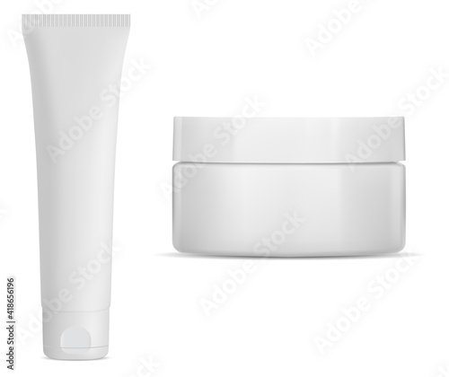 Cream tube. Cosmetic jar mockup. Round cream jar, white plastic packaging. Tooth paste tube blank. Facial skin care pack, 3d front view. Realistic pharmacy product container, clean pack
