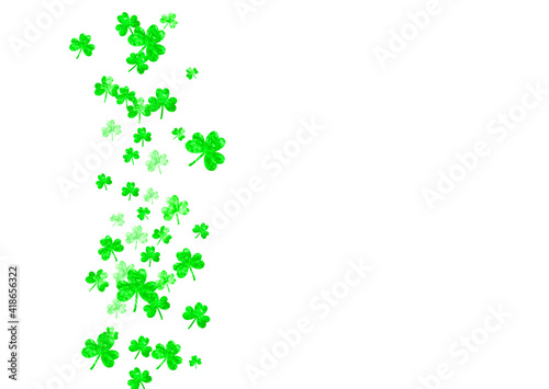 St patricks day background with shamrock. Lucky trefoil confetti. Glitter frame of clover leaves. Template for party invite, retail offer and ad. Irish st patricks day backdrop