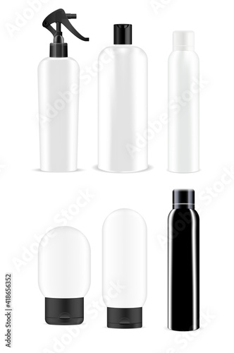 Cosmetic bottle set. Cosmetic product package set. Shampoo pack beauty container mock up. Hair spray dispenser, hygiene collection, aerosol tin 3d vector mockup. Cosmetic tube, white plastic