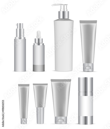 Cosmetic bottle mockup. Coasmetic package set blank. Shampoo bottle white template isolated. Luxury cosmetic packaging, pump dispenser, serum dropper jar, healthcare hygiene wrap collection