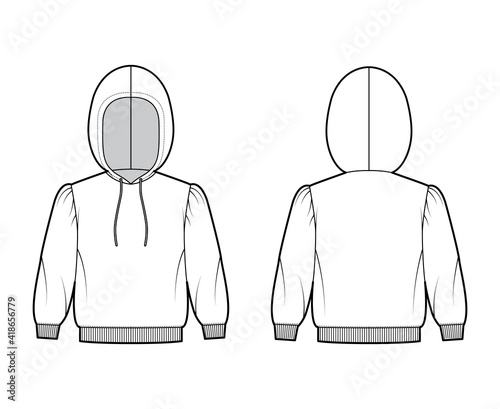 Hoody sweatshirt technical fashion illustration with elbow sleeves, relax body, knit cuff, banded hem, drawstring. Flat apparel template front, back, white color style. Women, men, unisex CAD mockup