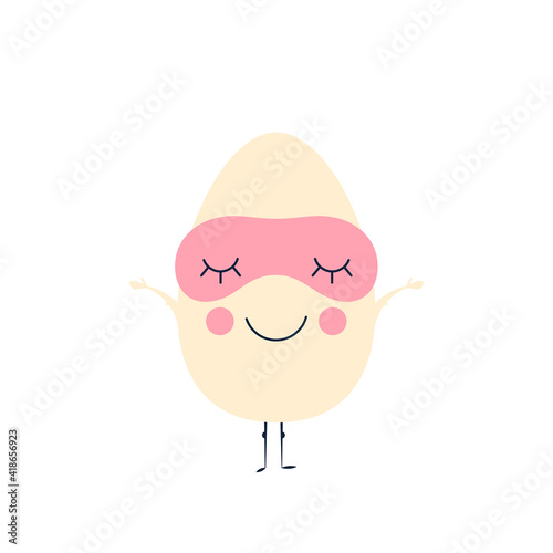Cute happy chicken egg with sleep mask. Eggs for breakfast. Vector flat cartoon character illustration icon design.Isolated on white background. Chicken egg, Easter concept