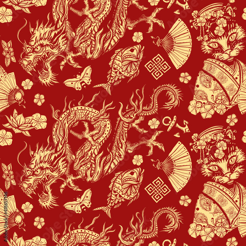 Japanese seamless pattern. Asian travel background. Funny oriental art. Dragons and geisha cat. Ancient China history and culture. Flying snakes, pink fan and sakura flowers