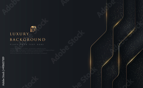 Abstract geometric overlapping on black background with glitter and golden lines glowing dots golden combinations. Modern luxury and elegant design with copy space. Vector illustration