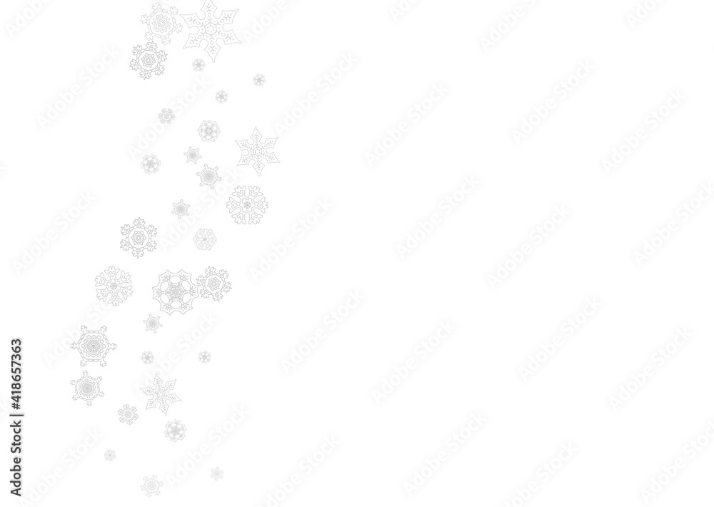 Fototapeta premium Snowflakes falling on white background. Horizontal Christmas and Happy New Year theme. Silver falling snowflakes for banner, gift card, party invitation, partner compliment and special business offers