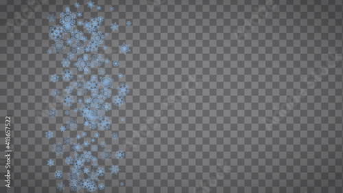 Snowflakes frame on transparent background. Christmas and Happy New Year. Isolated horizontal snowflakes frame for banners, gift cards, party invitation, partner compliment and special business offer