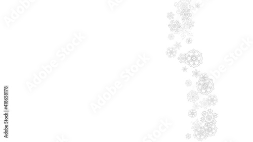Snowflakes falling on white background. Horizontal Christmas and Happy New Year theme. Silver falling snowflakes for banner, gift card, party invitation, partner compliment and special business offers
