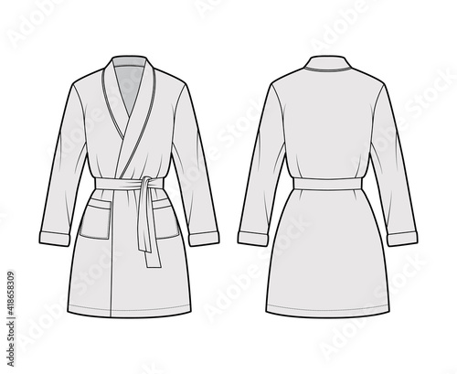 Bathrobe Dressing gown technical fashion illustration with wrap opening, mini length, oversized, tie, pocket, long sleeves. Flat garment front back, grey color style. Women, men unisex CAD mockup