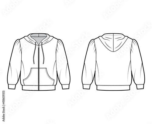 Zip-up Hoody sweatshirt technical fashion illustration with elbow sleeves, relax body, kangaroo pouch, banded hem, drawstring. Flat apparel template front, back, white color. Women, men, unisex mockup