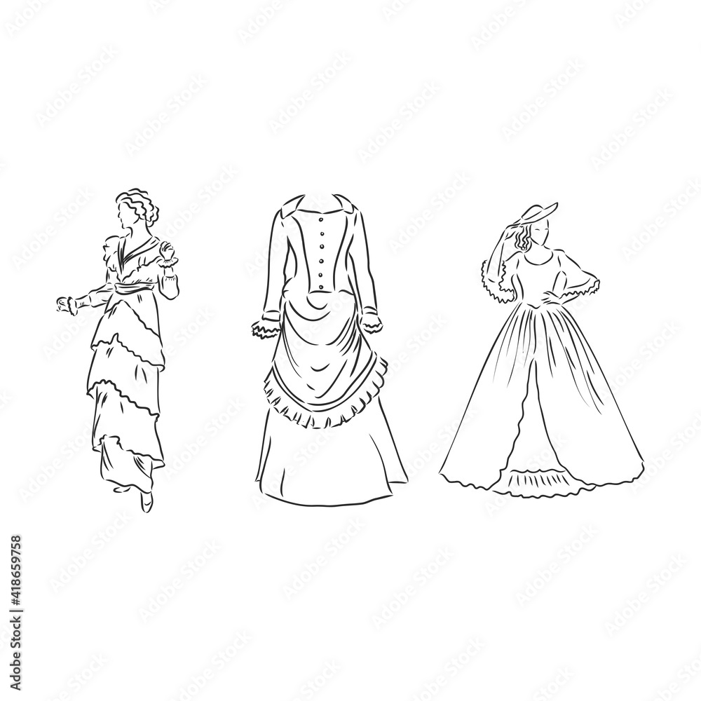 Antique dressed lady. Old fashion vector illustration. Victorian woman in historical dress. Vintage stylized drawing, retro woodcut style Antique dressed lady. Old fashion vector illustration. Victorian woman in historical dress. Vintage stylized drawing, retro woodcut style
