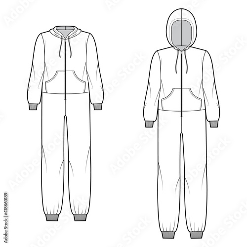 Set of Onesie overall jumpsuit sleepwear technical fashion illustration with full length, oversized, hood, zipper closure, kangaroo pouch. Flat Dungaree front, white color. Women men unisex CAD mockup