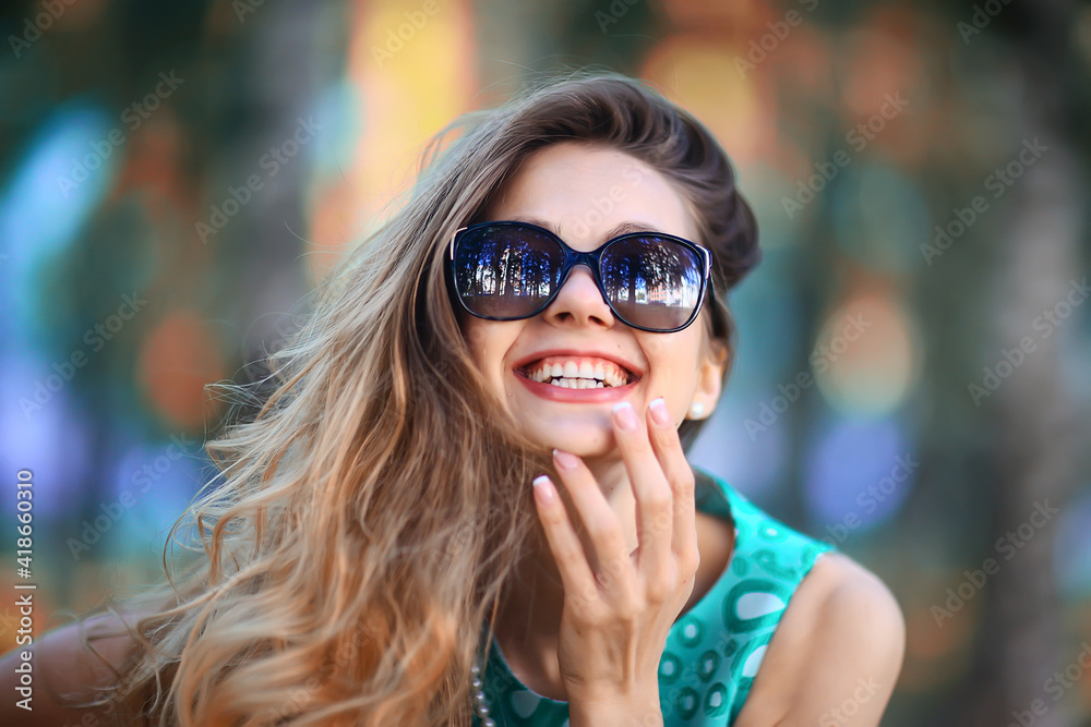 cheerful blonde in sunglasses / young beautiful girl, sunglasses, woman summer look cheerful blonde in sunglasses / young beautiful girl, sunglasses, woman summer look