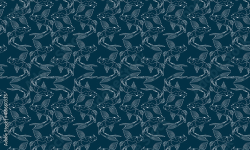 Blue Background Fish Vector Seamless Repeating Pattern. Great as a textile print, fabric, wallpaper. Surface pattern design.