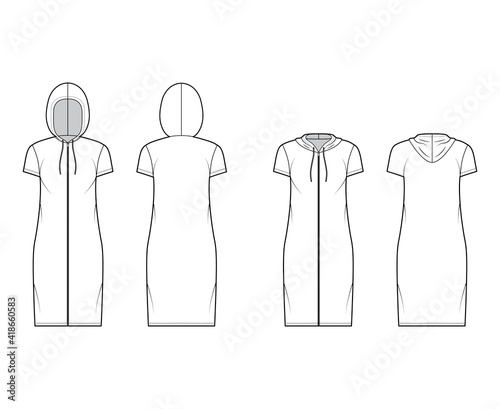 Set of Zip-up Hoody dresses technical fashion illustration with short sleeves, knee length, oversized body, Pencil fullness. Flat apparel template front, back, white color. Women men unisex CAD mockup