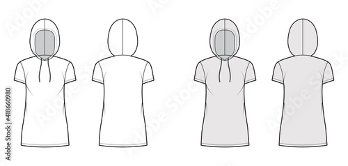 Hoody dress technical fashion illustration with short sleeves, mini length, oversized body, Pencil fullness. Flat sweater top template front, back, white, grey color. Women, men, unisex CAD mockup
