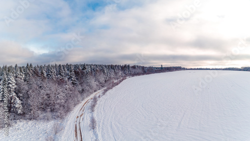 Snow-covered field and forest  panorama of winter landscape.