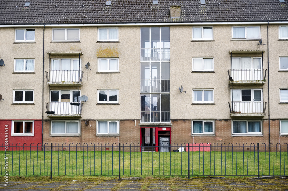 High rise council flat in deprived poor housing estate in Cardonald, Glasgow