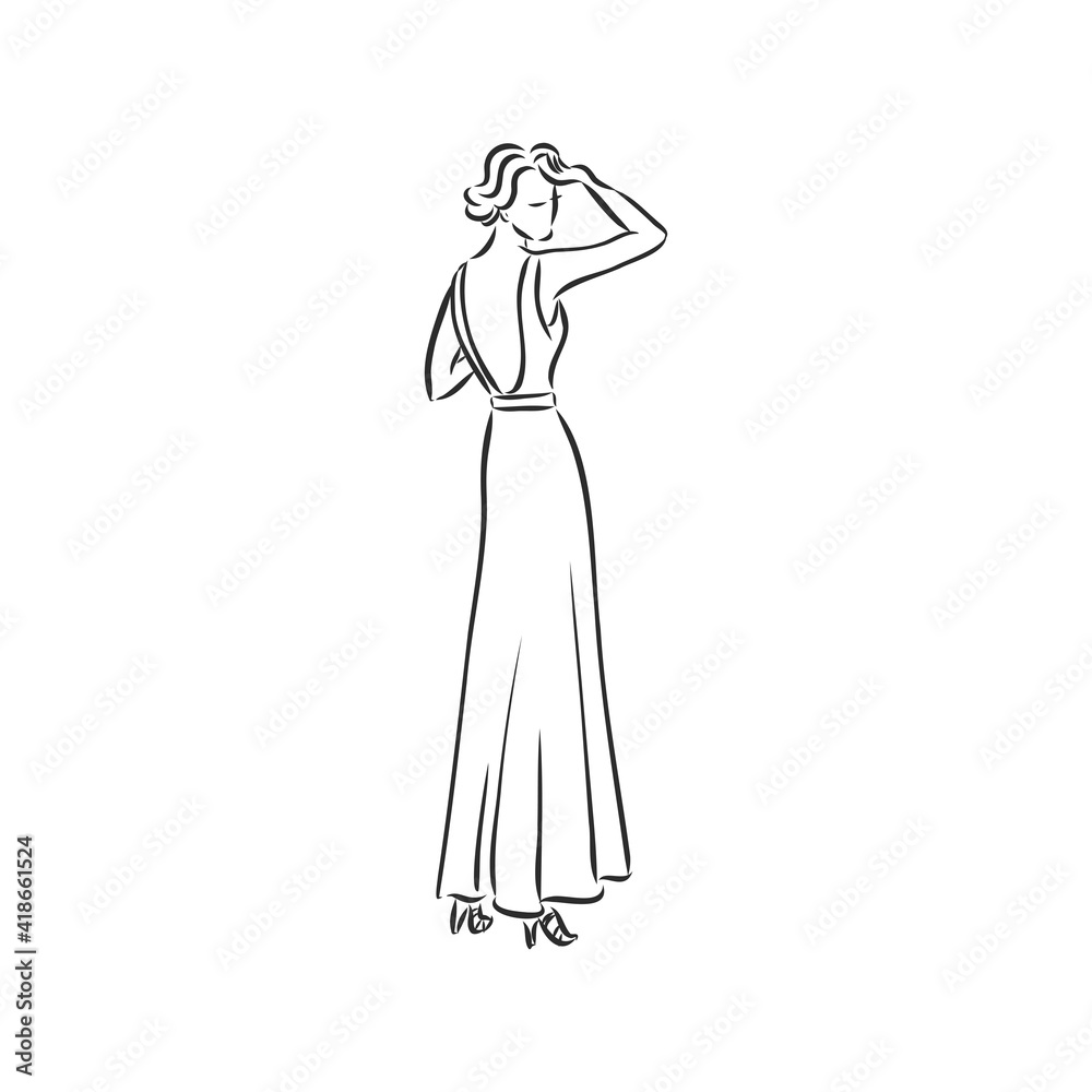 Antique dressed lady. Old fashion vector illustration. Victorian woman in historical dress. Vintage stylized drawing, retro woodcut style Antique dressed lady. Old fashion vector illustration. Victorian woman in historical dress. Vintage stylized drawing, retro woodcut style